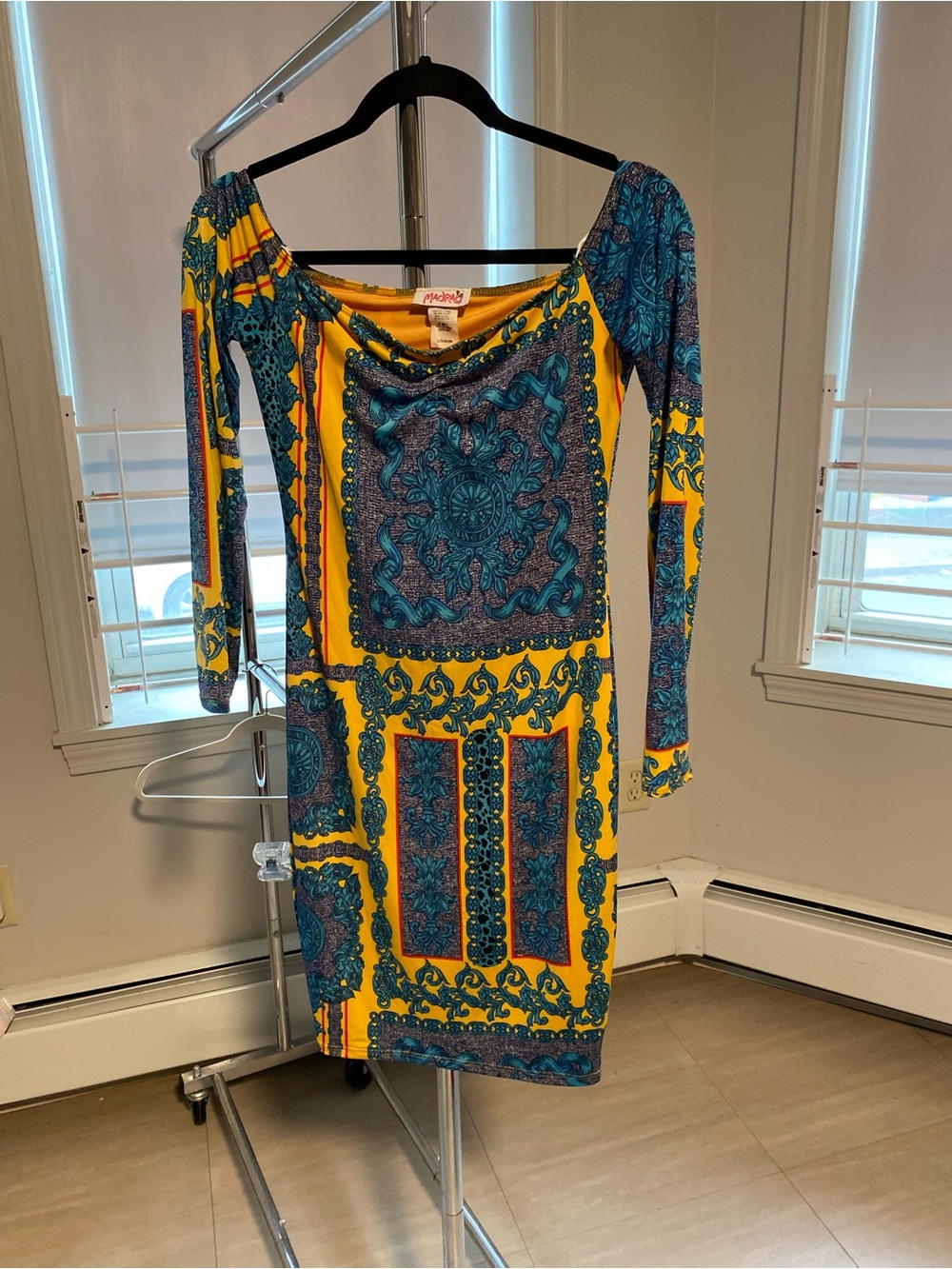 Madrag Yellow and Teal Long Sleeve Printed Sheath Dress